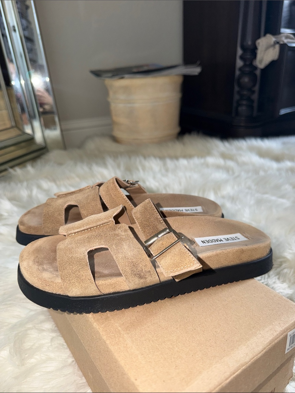 Steve Madden Mayhem Tan Suede Buckle Slide Sandals - Picture 10 of 13